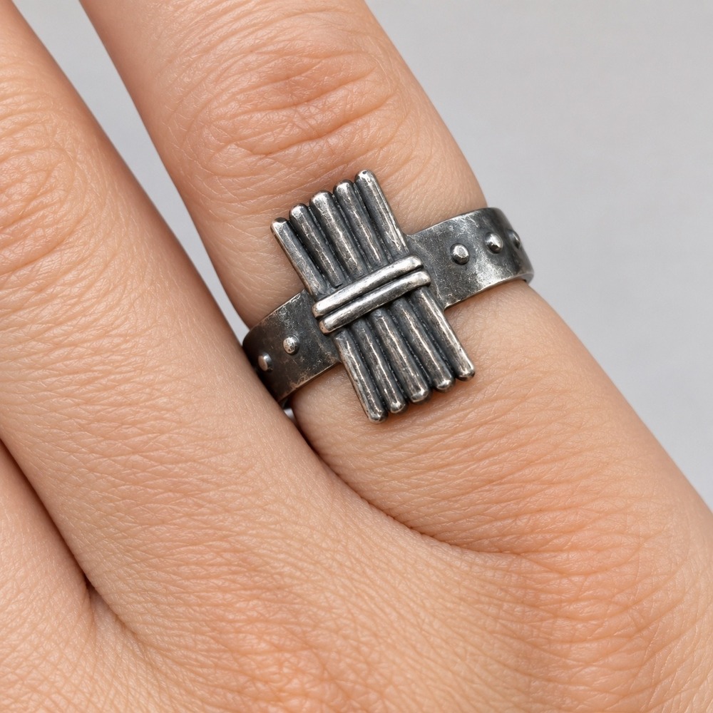 Vintage Sterling Silver Brutalist Bundle Ring Studded Adjustable Size 4 CFG HLP